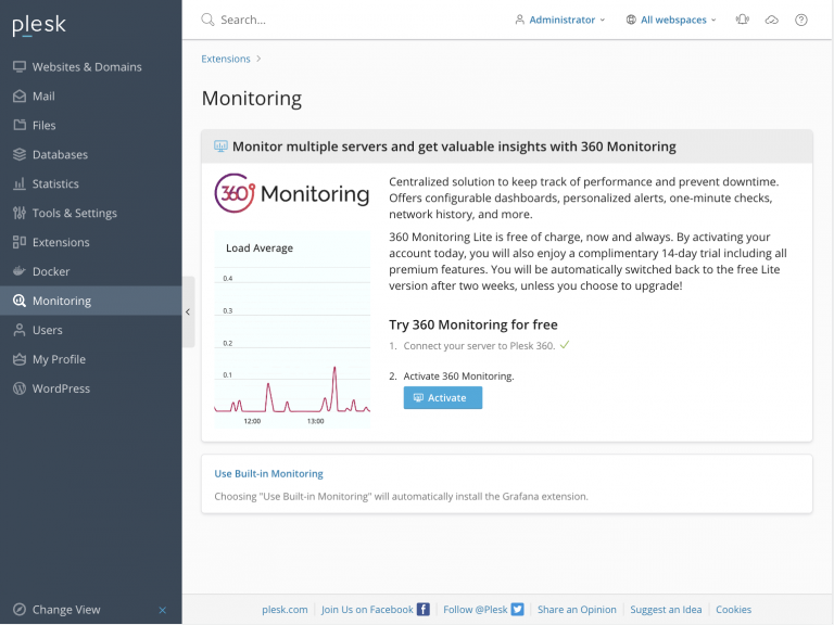 The updated default Plesk Monitoring page