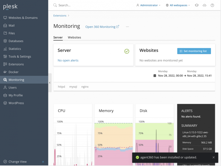 The Plesk Monitoring extension with connected 360 Monitoring