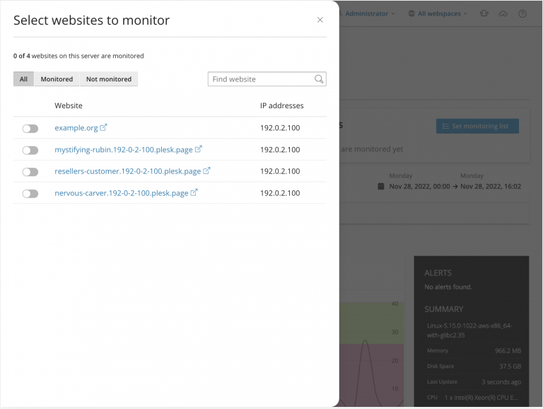 The Plesk Monitoring extension with “Set monitoring list” settings